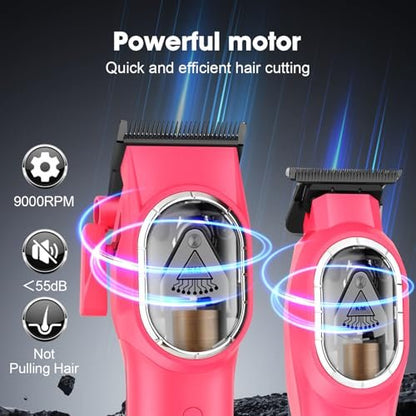 KEMEI Professional Hair Clippers Set for Men - Cordless Electric Clippers Kit with LED Display, Pink Metal Haircut Trimmer