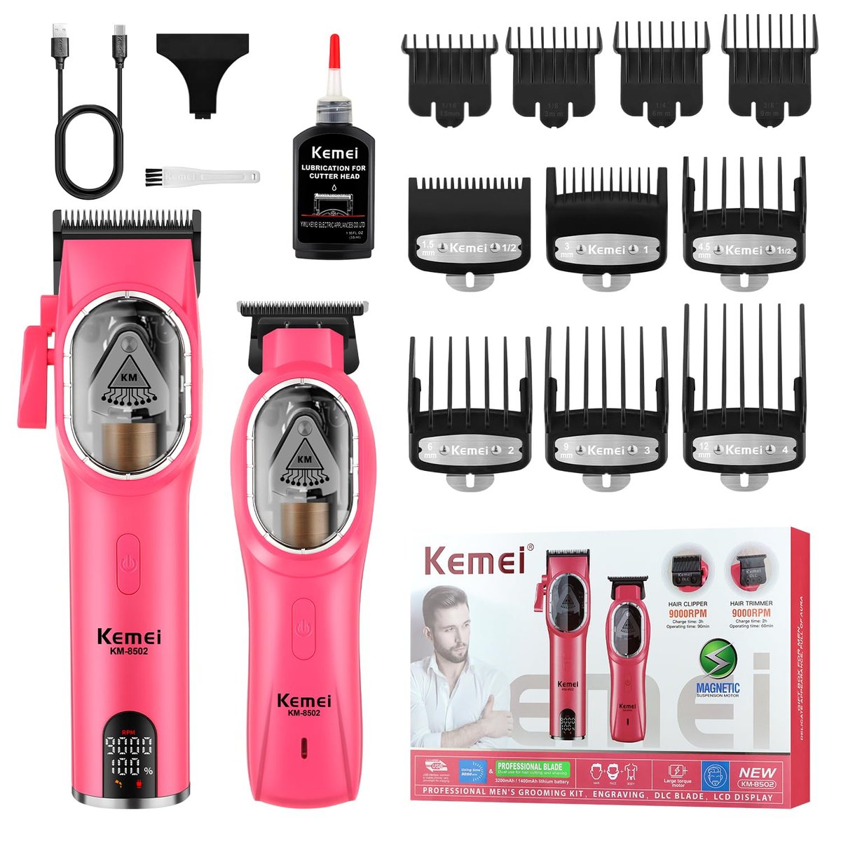 KEMEI Professional Hair Clippers Set for Men - Cordless Electric Clippers Kit with LED Display, Pink Metal Haircut Trimmer - görsel 1
