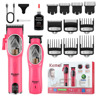 KEMEI Professional Hair Clippers Set for Men - Cordless Electric Clippers Kit with LED Display, Pink Metal Haircut Trimmer