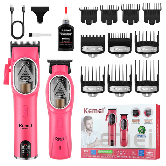 KEMEI Professional Hair Clippers Set for Men - Cordless Electric Clippers Kit with LED Display, Pink Metal Haircut Trimmer