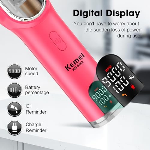 KEMEI Professional Hair Clippers Set for Men - Cordless Electric Clippers Kit with LED Display, Pink Metal Haircut Trimmer - görsel 8