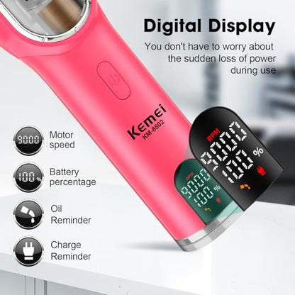 KEMEI Professional Hair Clippers Set for Men - Cordless Electric Clippers Kit with LED Display, Pink Metal Haircut Trimmer