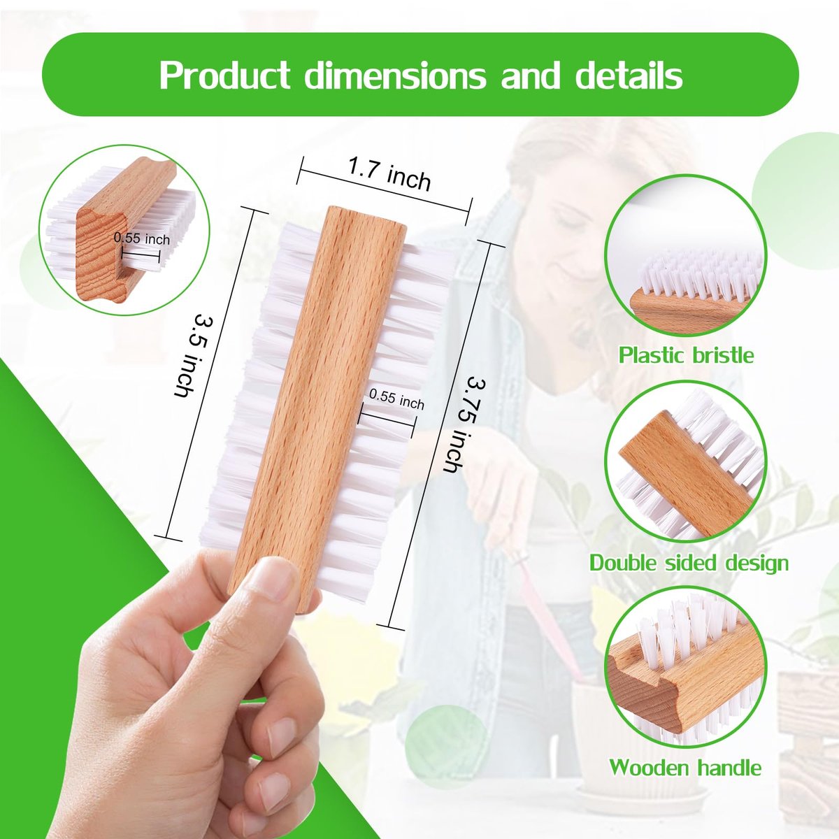 SAMEBUTECO 2 Pack Non-Slip Wooden Hand & Nail Brush - Dual-Sided Fingernail Scrub Brush for Deep Cleaning Nails, Hands & Feet - Heavy Duty Mechanic Hand Brush with Stiff Bristles and Molded Beechwood Grip - görsel 3