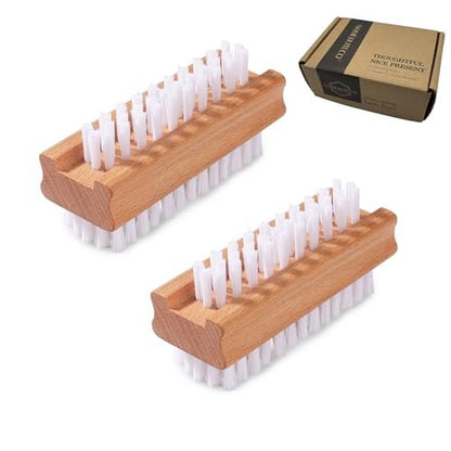 SAMEBUTECO 2 Pack Non-Slip Wooden Hand & Nail Brush - Dual-Sided Fingernail Scrub Brush for Deep Cleaning Nails, Hands & Feet - Heavy Duty Mechanic Hand Brush with Stiff Bristles and Molded Beechwood Grip
