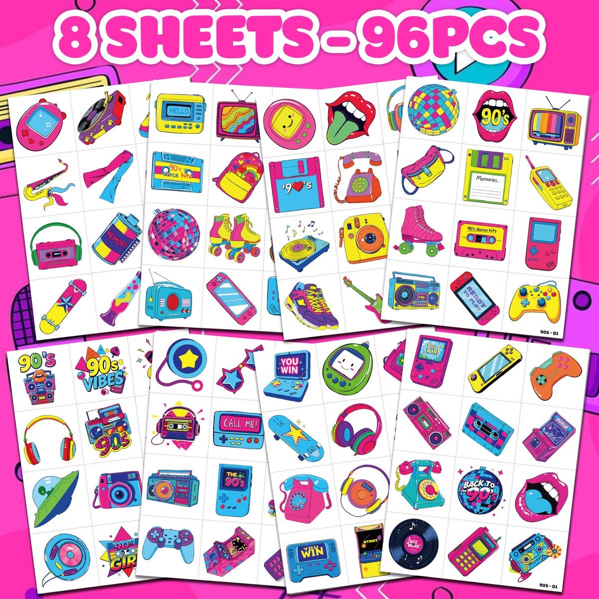 Back To The 90s 80s Retro Temporary Tattoos for Kids - 96 PCS Colorful Designs - Themed Birthday Party Supplies, Decorations, Favors, Rewards for Girls Boys - görsel 5