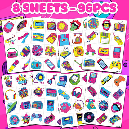 Back To The 90s 80s Retro Temporary Tattoos for Kids - 96 PCS Colorful Designs - Themed Birthday Party Supplies, Decorations, Favors, Rewards for Girls Boys
