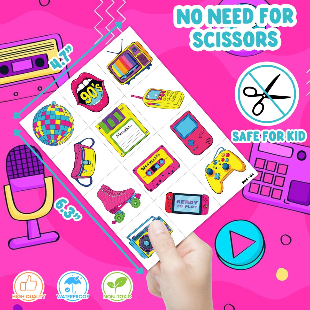 Back To The 90s 80s Retro Temporary Tattoos for Kids - 96 PCS Colorful Designs - Themed Birthday Party Supplies, Decorations, Favors, Rewards for Girls Boys - görsel 7