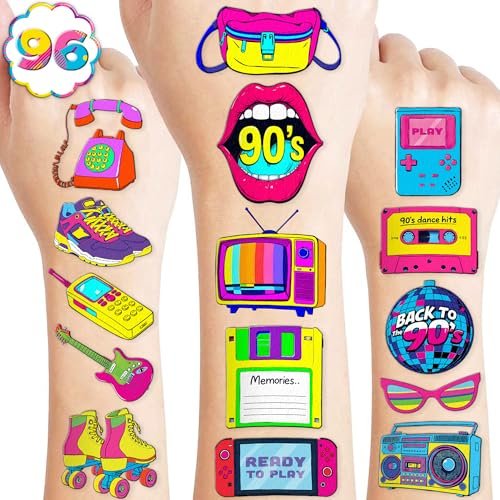 Back To The 90s 80s Retro Temporary Tattoos for Kids - 96 PCS Colorful Designs - Themed Birthday Party Supplies, Decorations, Favors, Rewards for Girls Boys - görsel 2