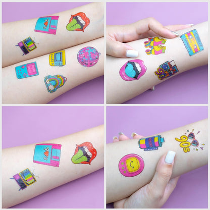 Back To The 90s 80s Retro Temporary Tattoos for Kids - 96 PCS Colorful Designs - Themed Birthday Party Supplies, Decorations, Favors, Rewards for Girls Boys