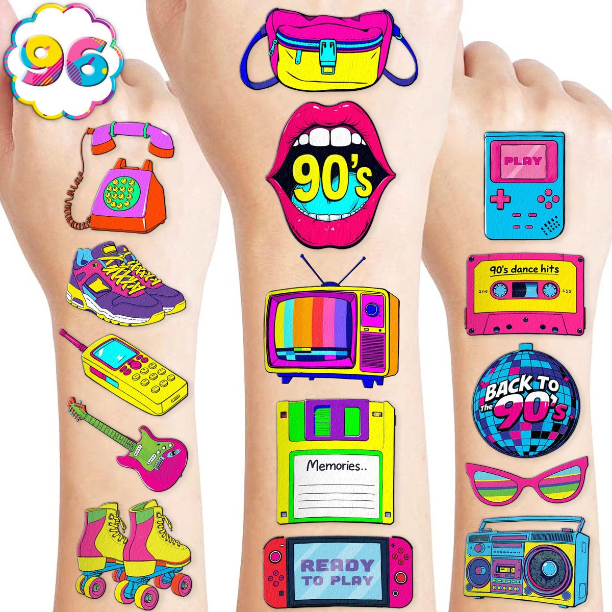 Back To The 90s 80s Retro Temporary Tattoos for Kids - 96 PCS Colorful Designs - Themed Birthday Party Supplies, Decorations, Favors, Rewards for Girls Boys - görsel 1