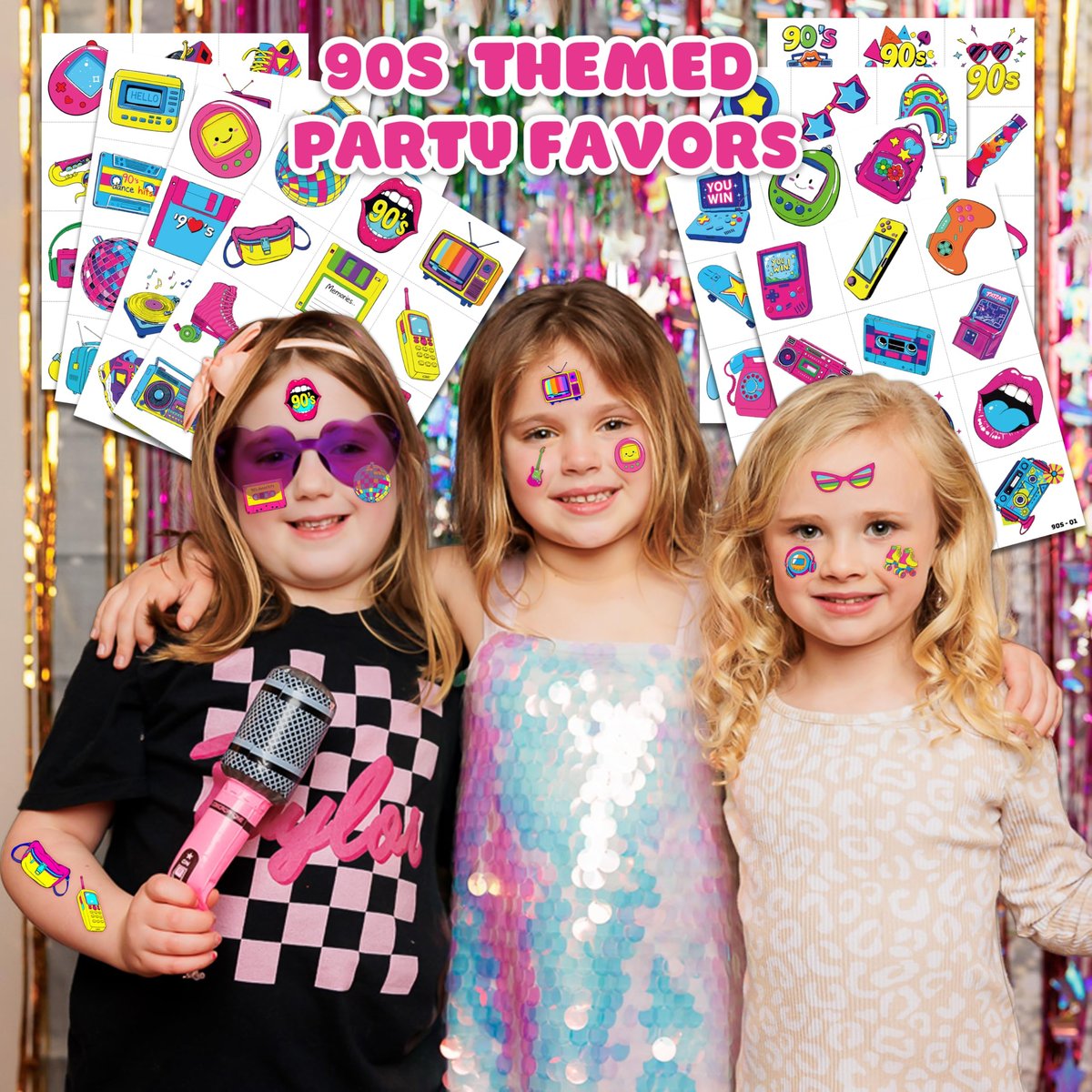 Back To The 90s 80s Retro Temporary Tattoos for Kids - 96 PCS Colorful Designs - Themed Birthday Party Supplies, Decorations, Favors, Rewards for Girls Boys - görsel 3