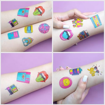 Back To The 90s 80s Retro Temporary Tattoos for Kids - 96 PCS Colorful Designs - Themed Birthday Party Supplies, Decorations, Favors, Rewards for Girls Boys