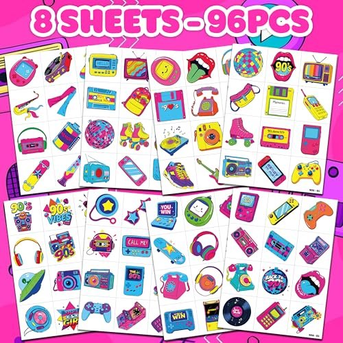 Back To The 90s 80s Retro Temporary Tattoos for Kids - 96 PCS Colorful Designs - Themed Birthday Party Supplies, Decorations, Favors, Rewards for Girls Boys - görsel 6