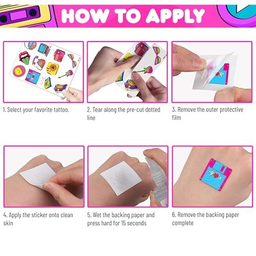 Back To The 90s 80s Retro Temporary Tattoos for Kids - 96 PCS Colorful Designs - Themed Birthday Party Supplies, Decorations, Favors, Rewards for Girls Boys - görsel 10
