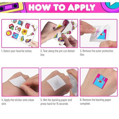 Back To The 90s 80s Retro Temporary Tattoos for Kids - 96 PCS Colorful Designs - Themed Birthday Party Supplies, Decorations, Favors, Rewards for Girls Boys