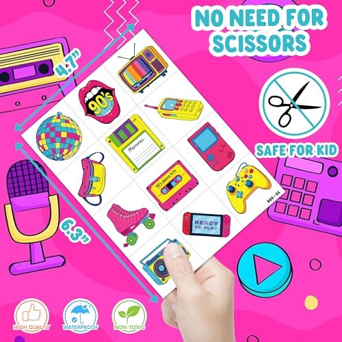 Back To The 90s 80s Retro Temporary Tattoos for Kids - 96 PCS Colorful Designs - Themed Birthday Party Supplies, Decorations, Favors, Rewards for Girls Boys - görsel 8