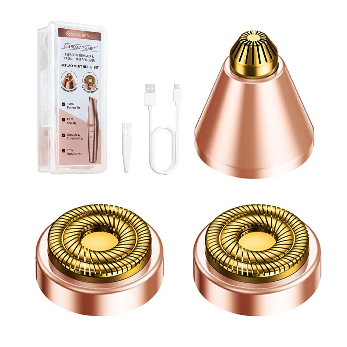 Replacement Heads for VG VOGCREST 2-in-1 Facial Eyebrow Trimmer - Compatible with VG-102, VG-1023, VG-1024 (Gold, Titanium) Avelisse