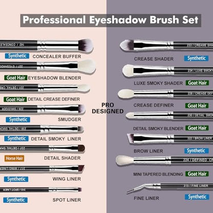 Bueart Design 15-Piece Pro Natural Hair Eyeshadow Makeup Brush Set - Luxury Goat & Pony Hair Bristles for Powder, Cream, Liquid Blending