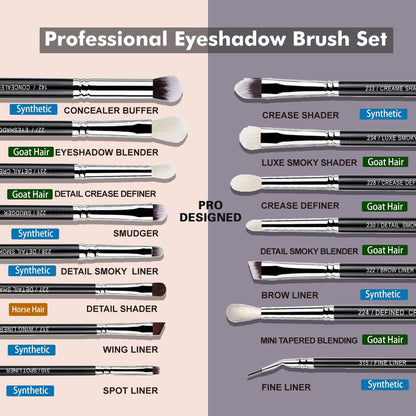 Bueart Design 15-Piece Pro Natural Hair Eyeshadow Makeup Brush Set - Luxury Goat & Pony Hair Bristles for Powder, Cream, Liquid Blending