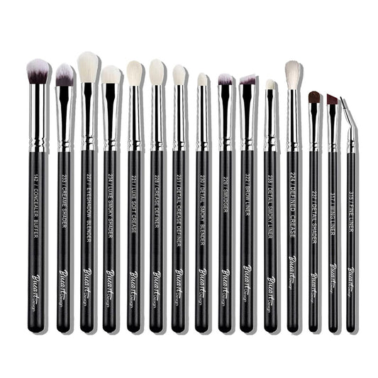 Bueart Design 15-Piece Pro Natural Hair Eyeshadow Makeup Brush Set - Luxury Goat & Pony Hair Bristles for Powder, Cream, Liquid Blending