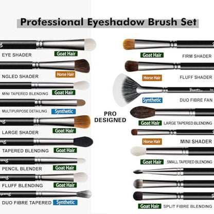 Bueart Design Professional 16-Piece Eye Makeup Brush Set - Natural Horse & Goat Hair, High Elastic Synthetic Eyeshadow Brushes for Eyeliner, Blending, Eyebrow, Concealer