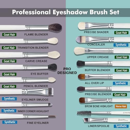 Bueart Design 16-Piece Professional Makeup Brush Set: Natural Goat & Pony Hair Eye Brushes for Eyeshadow, Blending, Brows & Liner