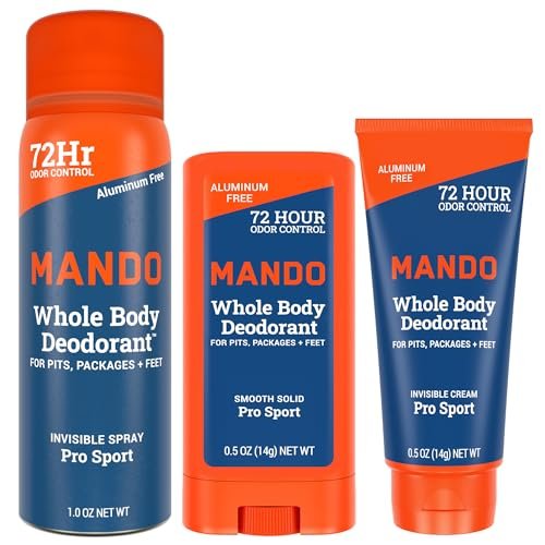 Mando Whole Body Deodorant Mini Trio – 72HR Odor Control, Aluminum & Baking Soda Free, Pro Sport Scent, Travel Size for Men Avelisse
