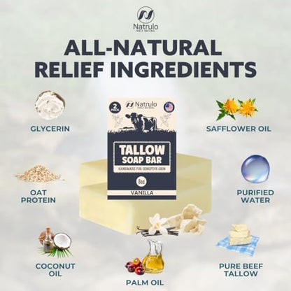 All Natural Grass Fed Beef Tallow Soap Bar – Vanilla – Moisturizing Face & Body Wash for Eczema, Dry, Itchy, Sensitive Skin – Handcrafted in USA – 4 oz (Pack of 2)