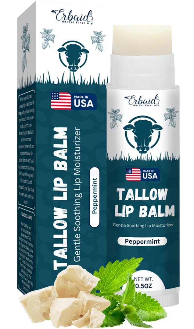 Beef Tallow Lip Balm – Natural Tallow Beeswax Chapstick – Hydrating Moisturizer Grass Fed Bison Tallow Balm Lip Care – Soothes Chapped, Dry Lips, Sensitive Skin – Long Lasting & Vitamin Rich USA-Made - görsel 1
