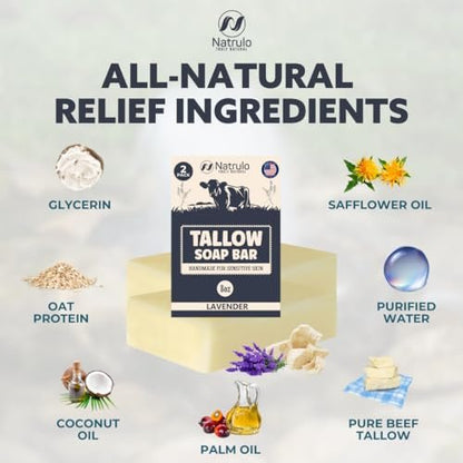 All Natural Grass Fed Beef Tallow Soap Bar – Lavender, Moisturizing Face & Body Wash for Eczema, Dry, Itchy, Sensitive Skin – Handcrafted Bath Soap for Adults & Kids, Made in USA (4 oz, Pack of 2)