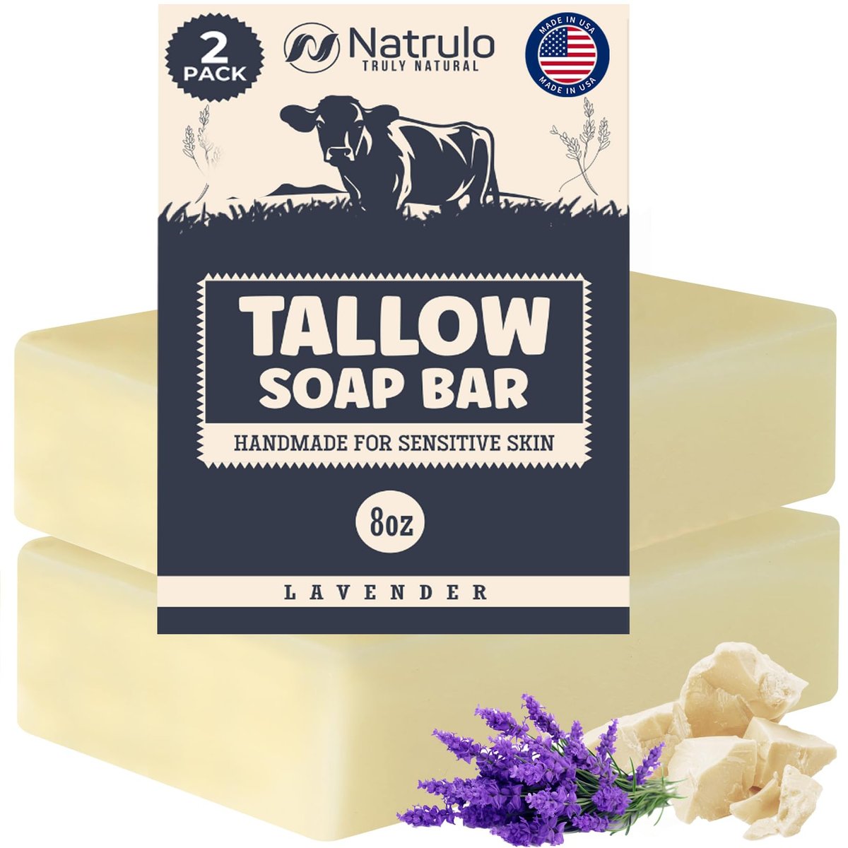 All Natural Grass Fed Beef Tallow Soap Bar – Lavender, Moisturizing Face & Body Wash for Eczema, Dry, Itchy, Sensitive Skin – Handcrafted Bath Soap for Adults & Kids, Made in USA (4 oz, Pack of 2) - görsel 1