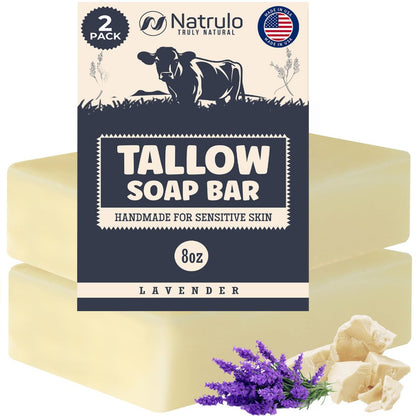 All Natural Grass Fed Beef Tallow Soap Bar – Lavender, Moisturizing Face & Body Wash for Eczema, Dry, Itchy, Sensitive Skin – Handcrafted Bath Soap for Adults & Kids, Made in USA (4 oz, Pack of 2)