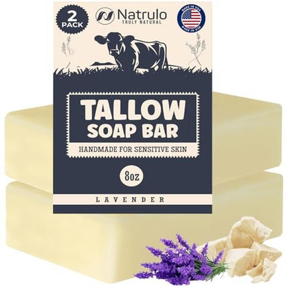 All Natural Grass Fed Beef Tallow Soap Bar – Lavender, Moisturizing Face & Body Wash for Eczema, Dry, Itchy, Sensitive Skin – Handcrafted Bath Soap for Adults & Kids, Made in USA (4 oz, Pack of 2)