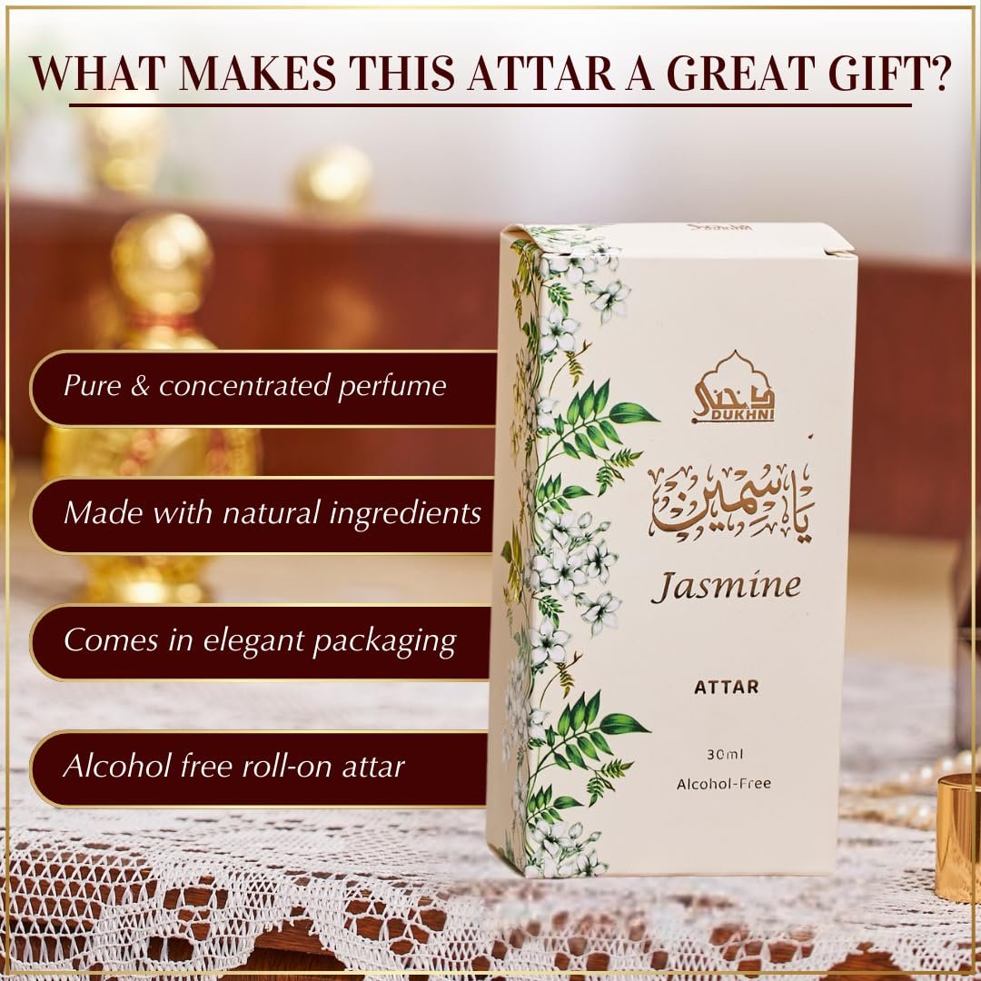 Dukhni Jasmine Attar Oil – 30ml Pure Roll-On Perfume for Men & Women | Floral Arabic Fragrance | Vegan & Islamic Gift for Eid, Ramadan, Umrah Avelisse