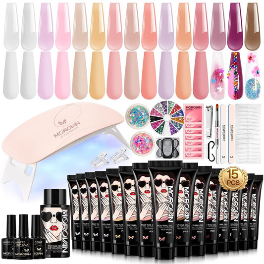 Morovan 15 Colors Poly Gel Nail Kit for Beginners – Complete Gel Extension Set with UV Light, DIY Nail Art Design at Home, Christmas Gift for Women Avelisse