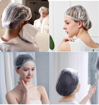 100 PCS Disposable Shower Caps - Clear Plastic Hair Caps with Elastic Band, Waterproof Extra Large 20.5" for Women, Hotel, Salon, Travel, Spa, Home Use