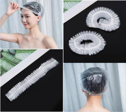100 PCS Disposable Shower Caps - Clear Plastic Hair Caps with Elastic Band, Waterproof Extra Large 20.5" for Women, Hotel, Salon, Travel, Spa, Home Use