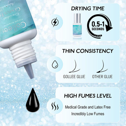GOLLEEPRO Eyelash Extension Glue - Fast Drying 1-2 Seconds, Long Retention Up to 8 Weeks, 5ml Black Lash Adhesive for Professional Salon Use Avelisse