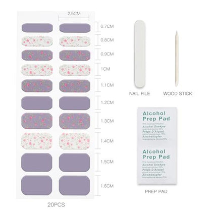 JMEOWIO White Purple Flower Semi Cured Gel Nail Strips - UV/LED Nail Art Decoration Kit