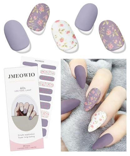 JMEOWIO White Purple Flower Semi Cured Gel Nail Strips - UV/LED Nail Art Decoration Kit
