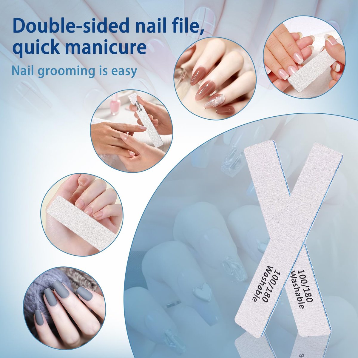 LNAUJS 3-Pack Professional Reusable Double-Sided 100/180 Grit Blue Emery Nail Files - görsel 13