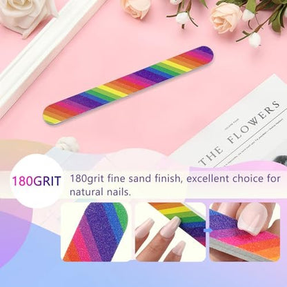 LNAUJS 12-Pack Professional Double-Sided 100/180 Grit Nail Files - Colorful Manicure & Pedicure Tools