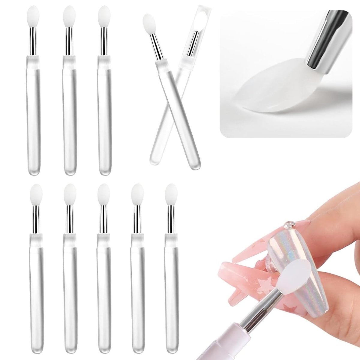 10-Pack White Silicone Nail Art Brushes – Reusable Chrome Glitter Powder Applicator Sticks for Nail Art, Eyeshadow & Lipstick - görsel 1