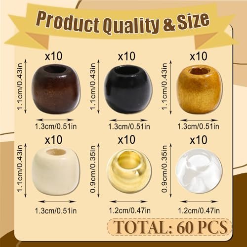 NAISKA 60-Piece Wooden Hair Beads for Braids - 6 Color Hair Jewelry, Dreadlock Accessories, Tube Decoration, Braid Clips for Women and Men - görsel 12