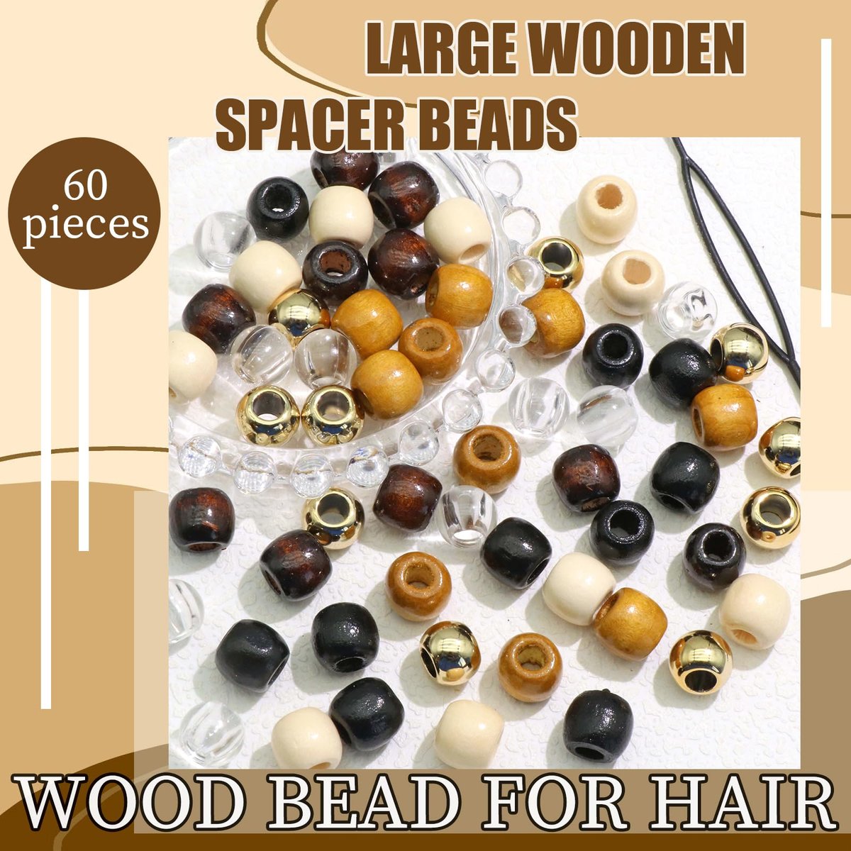 NAISKA 60-Piece Wooden Hair Beads for Braids - 6 Color Hair Jewelry, Dreadlock Accessories, Tube Decoration, Braid Clips for Women and Men - görsel 5