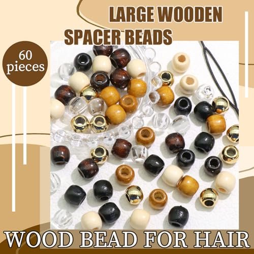 NAISKA 60-Piece Wooden Hair Beads for Braids - 6 Color Hair Jewelry, Dreadlock Accessories, Tube Decoration, Braid Clips for Women and Men - görsel 6
