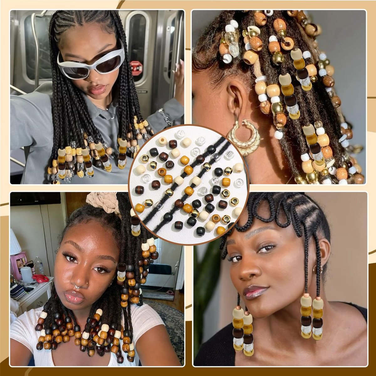 NAISKA 60-Piece Wooden Hair Beads for Braids - 6 Color Hair Jewelry, Dreadlock Accessories, Tube Decoration, Braid Clips for Women and Men - görsel 13