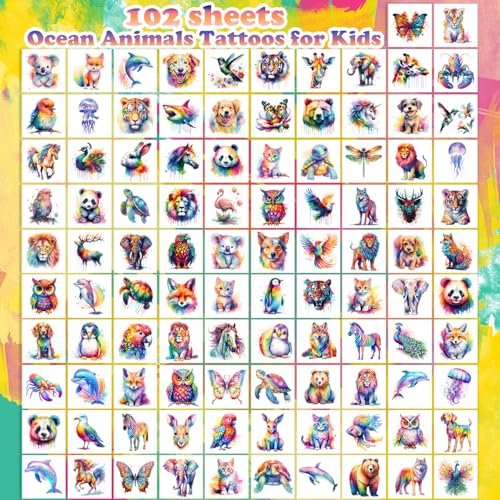 102 PCS Individually Wrapped Watercolor Animals Temporary Tattoos for Kids - Cute Animal Tattoo Stickers for Boys & Girls, Body Arm Shoulder, Birthday Party Supplies & Gifts - görsel 4