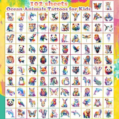 102 PCS Individually Wrapped Watercolor Animals Temporary Tattoos for Kids - Cute Animal Tattoo Stickers for Boys & Girls, Body Arm Shoulder, Birthday Party Supplies & Gifts