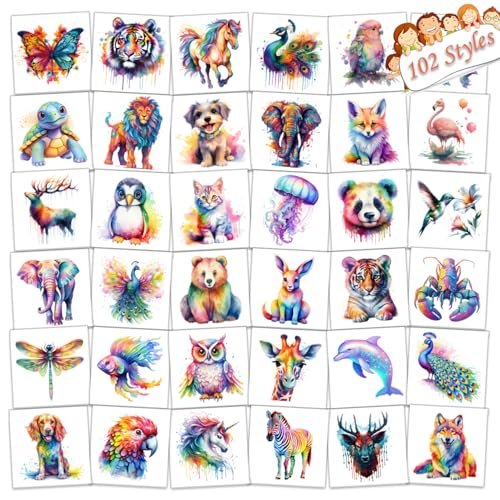 102 PCS Individually Wrapped Watercolor Animals Temporary Tattoos for Kids - Cute Animal Tattoo Stickers for Boys & Girls, Body Arm Shoulder, Birthday Party Supplies & Gifts - görsel 2